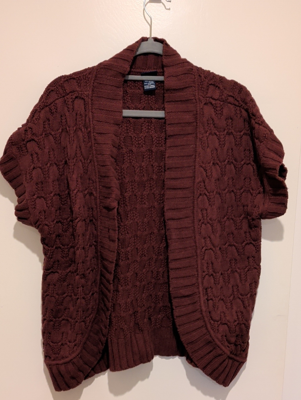 Basic Editions Burgundy Cable-Knit Short Sleeve Open Cardigan